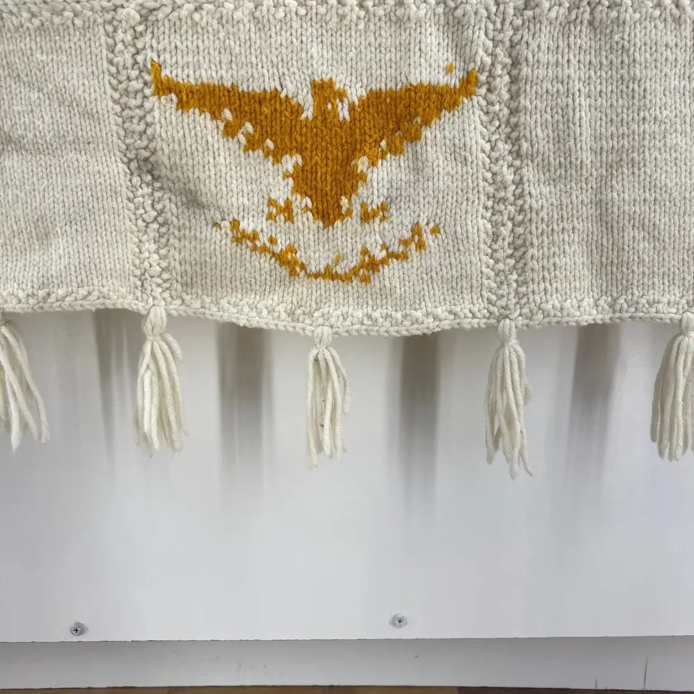 Vintage Handmade Ivory Crochet Blanket Eagle Emblem Motif Throw